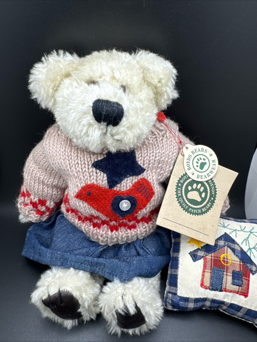 Boyds Bears Plush with Pink Sweater, Red Accent & Blue Patchwork Pillow